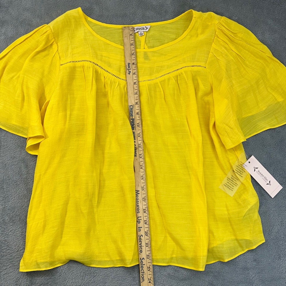 Nanette Lepore Yellow Flutter Sleeve Blouse XL NWT Ladder Stitch Boho Top - Picture 4 of 7
